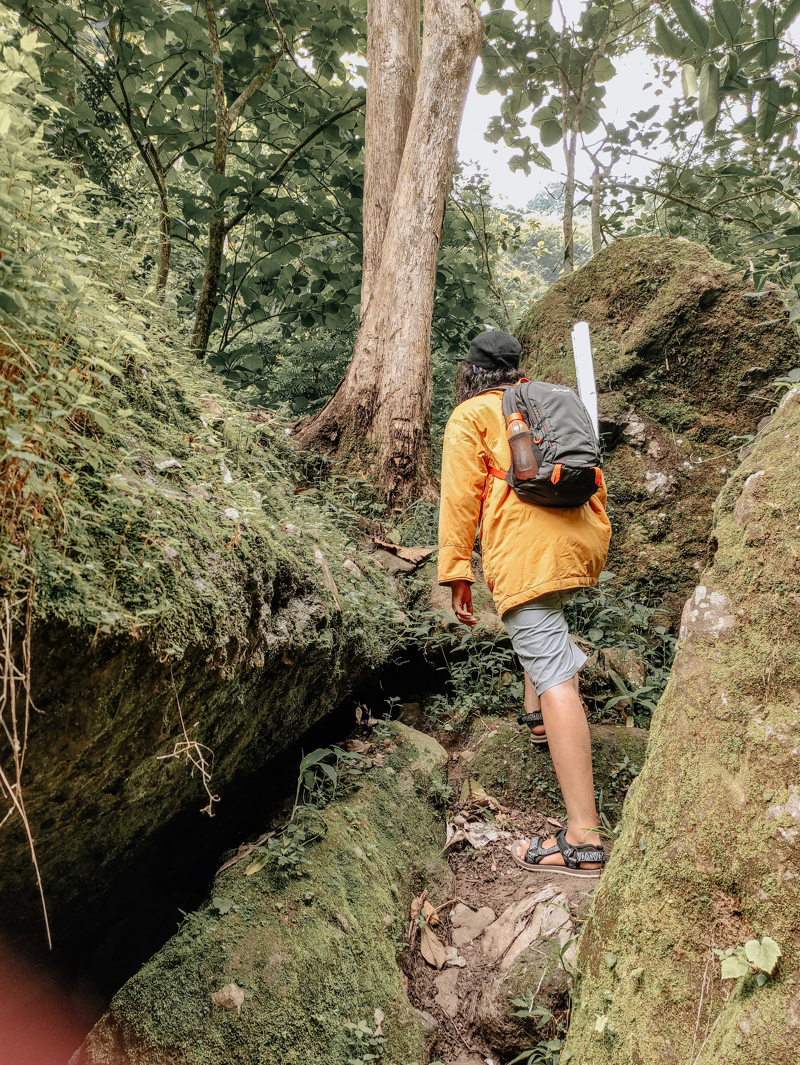 man in orange jacket climbing on brown rock