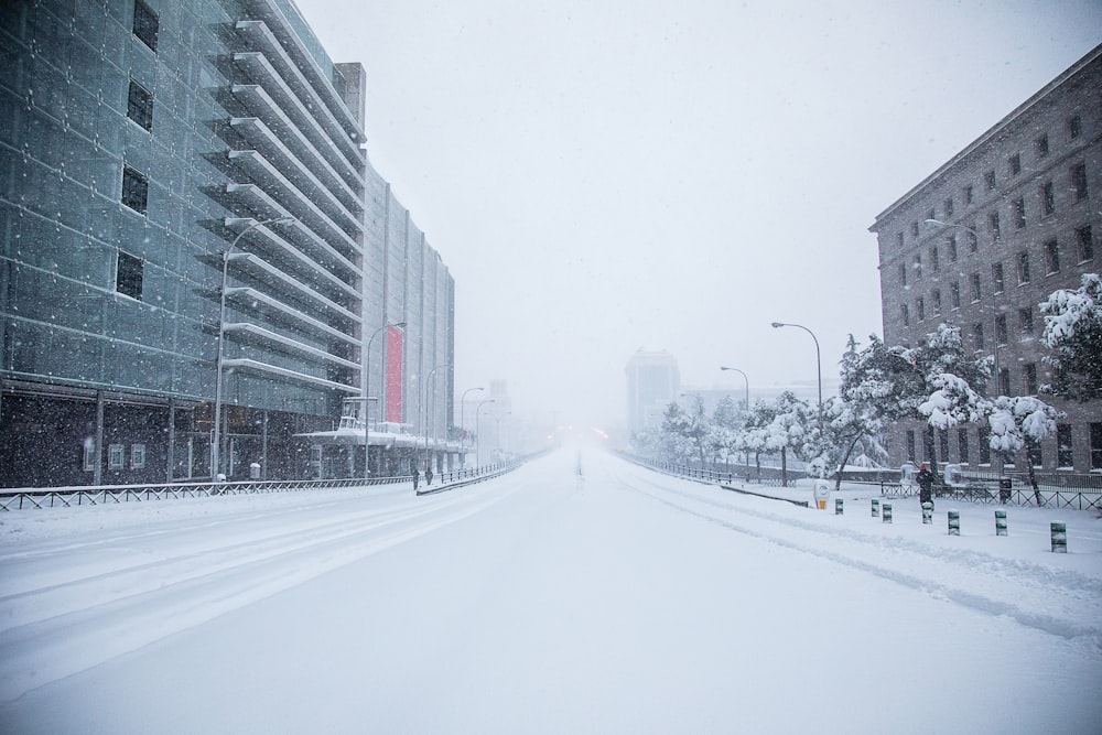 snow covered road between high rise buildings during daytime