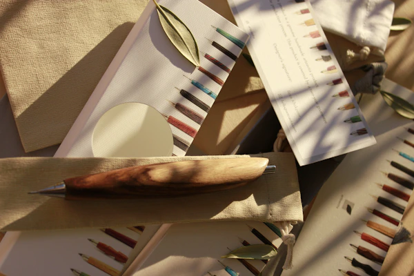 An assortment of premium paper products and writing tools neatly arranged on a wooden table.