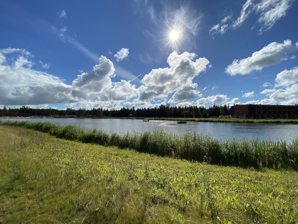 green grass field near body of water under blue and white cloudy sky during daytime