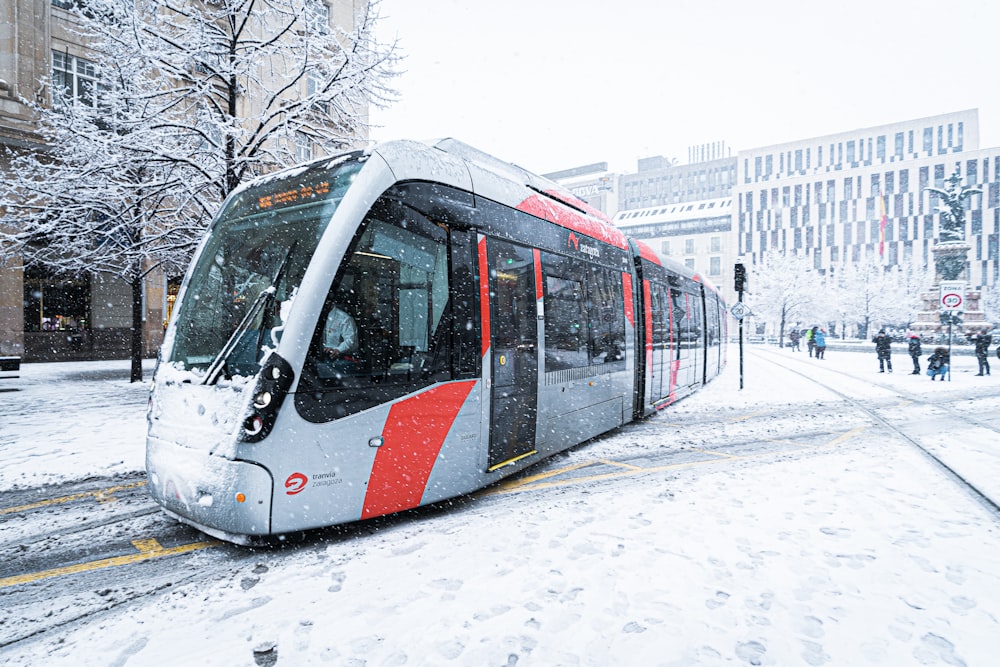 昼間は雪に覆われた地面を走る白と赤の列車