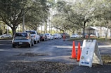 Cars are lined up in a queue on a tree-lined road leading to a white tented area. Orange traffic cones and a sign labeled 'Lane 1' are positioned nearby, guiding the vehicles. The setting appears to be an organized drive-through or testing center.
