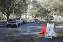 Cars are lined up in a queue on a tree-lined road leading to a white tented area. Orange traffic cones and a sign labeled 'Lane 1' are positioned nearby, guiding the vehicles. The setting appears to be an organized drive-through or testing center.