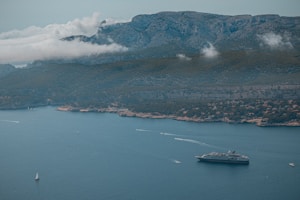 A large, luxurious cruise ship sails across a calm, blue sea with several smaller boats nearby. The coastline features lush green hills and rugged cliffs under a cloudy sky.