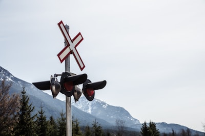 A railway crossing signal with a red and white cross is positioned in front of a backdrop of snow-capped mountains and evergreen trees.