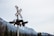 A railway crossing signal with a red and white cross is positioned in front of a backdrop of snow-capped mountains and evergreen trees.
