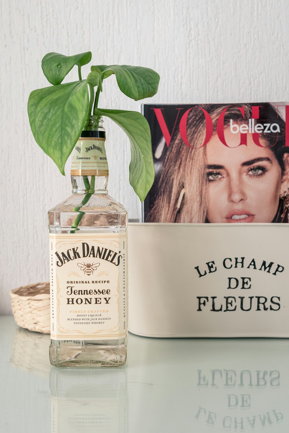 une bouteille d’alcool à côté d’un magazine et d’une plante