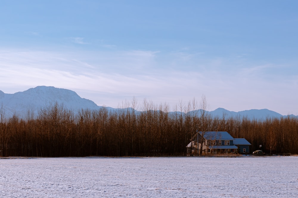 weißes und braunes Haus in der Nähe von grünen Bäumen und Bergen unter blauem Himmel während des Tages