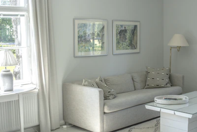 Bright, airy living room featuring cozy cushions and a soft throw blanket on a modern sofa.