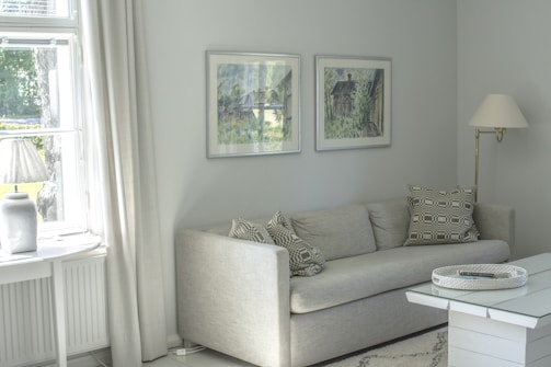 Freshly painted cozy living room walls in soft gray tones with white trim