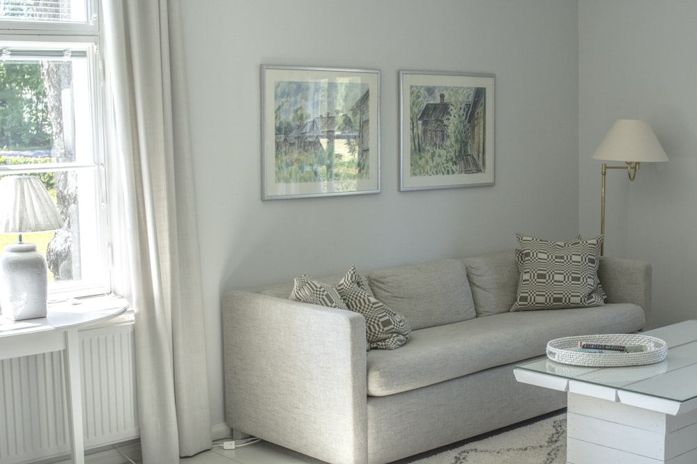 gray and white throw pillows on gray couch