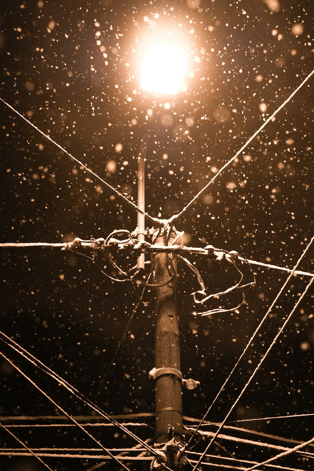 a street light on a pole covered in snow