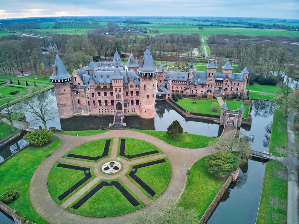 aerial view of brown and white castle