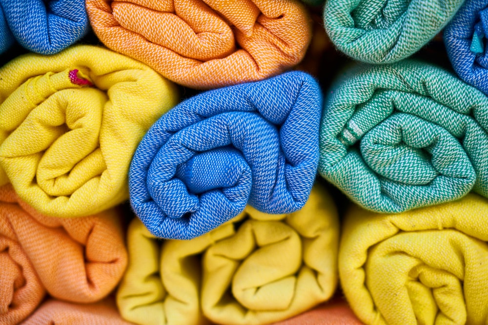 yellow and blue knit textile