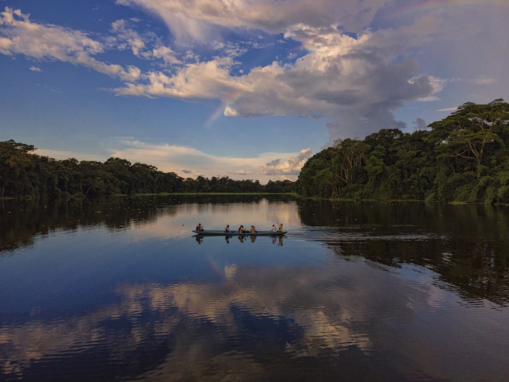 Cuerpo de agua cerca de árboles verdes bajo cielo azul y nubes blancas durante el día