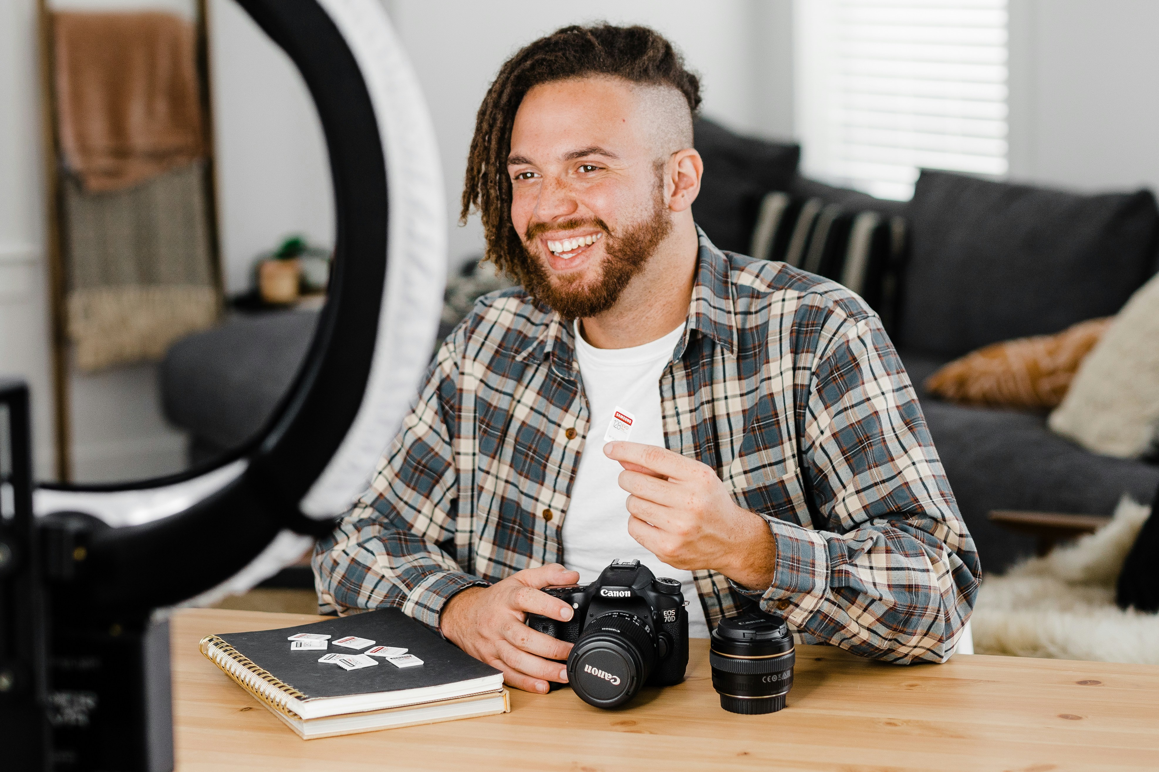 man in blue and white plaid dress shirt