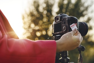 A person is holding a Samsung EVO 256GB memory card near a digital camera on a tripod, set against a blurred background with bokeh effect from sunlight filtering through trees.
