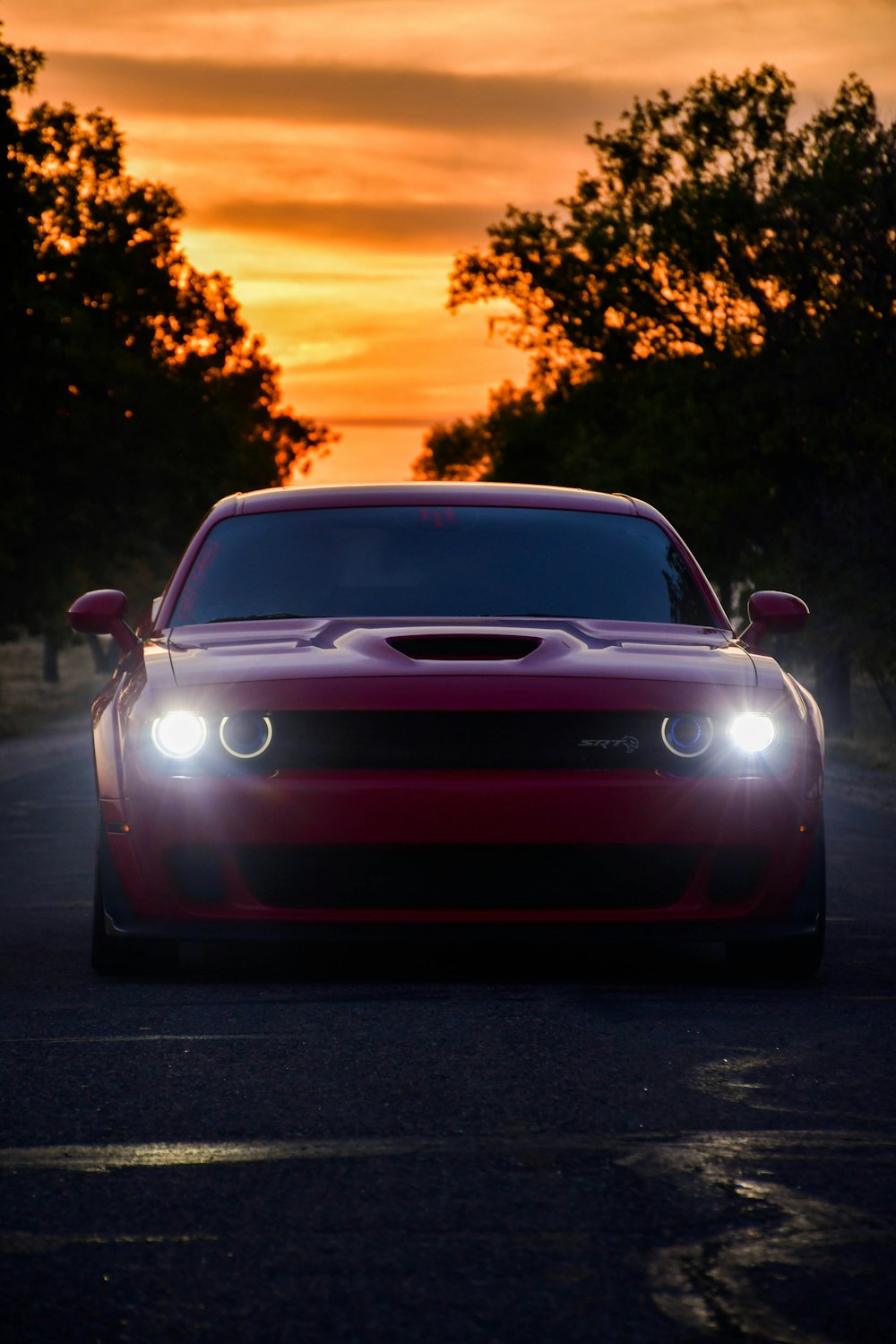 BMW M 3 rossa sulla strada durante il tramonto