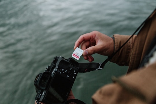 A person's hand is holding an SD card near a digital camera, with a blurred watery background. The camera strap is visible, and the person is wearing a brown jacket.