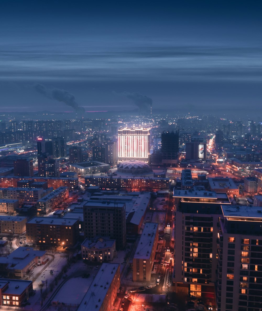 aerial view of city buildings during night time