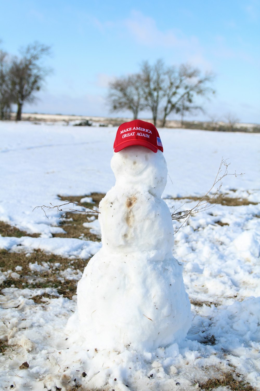 snowman with red knit cap on snow covered ground during daytime