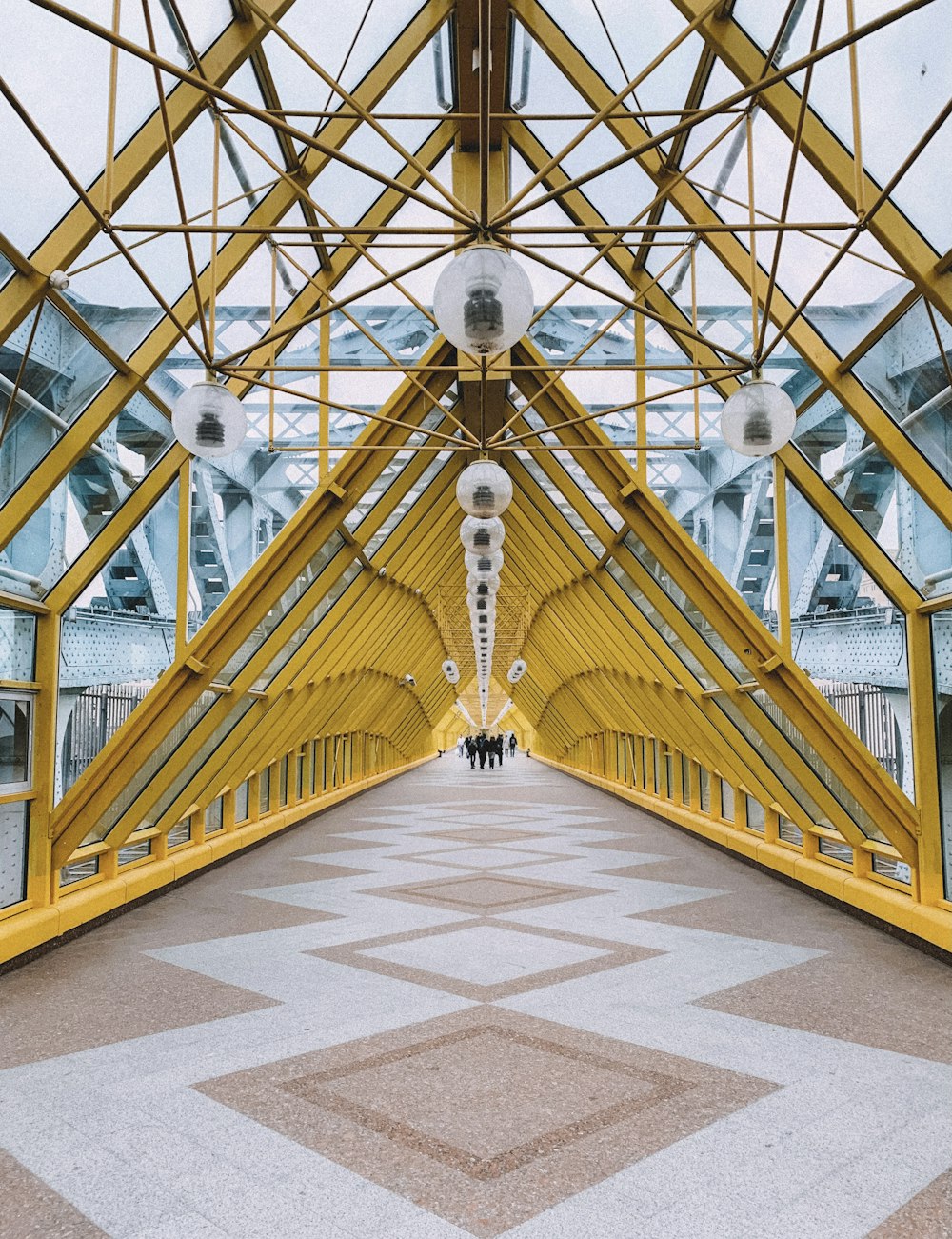 yellow metal framed glass ceiling