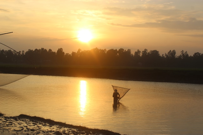 A fisherman holding a large fish by the riverbank during sunset.