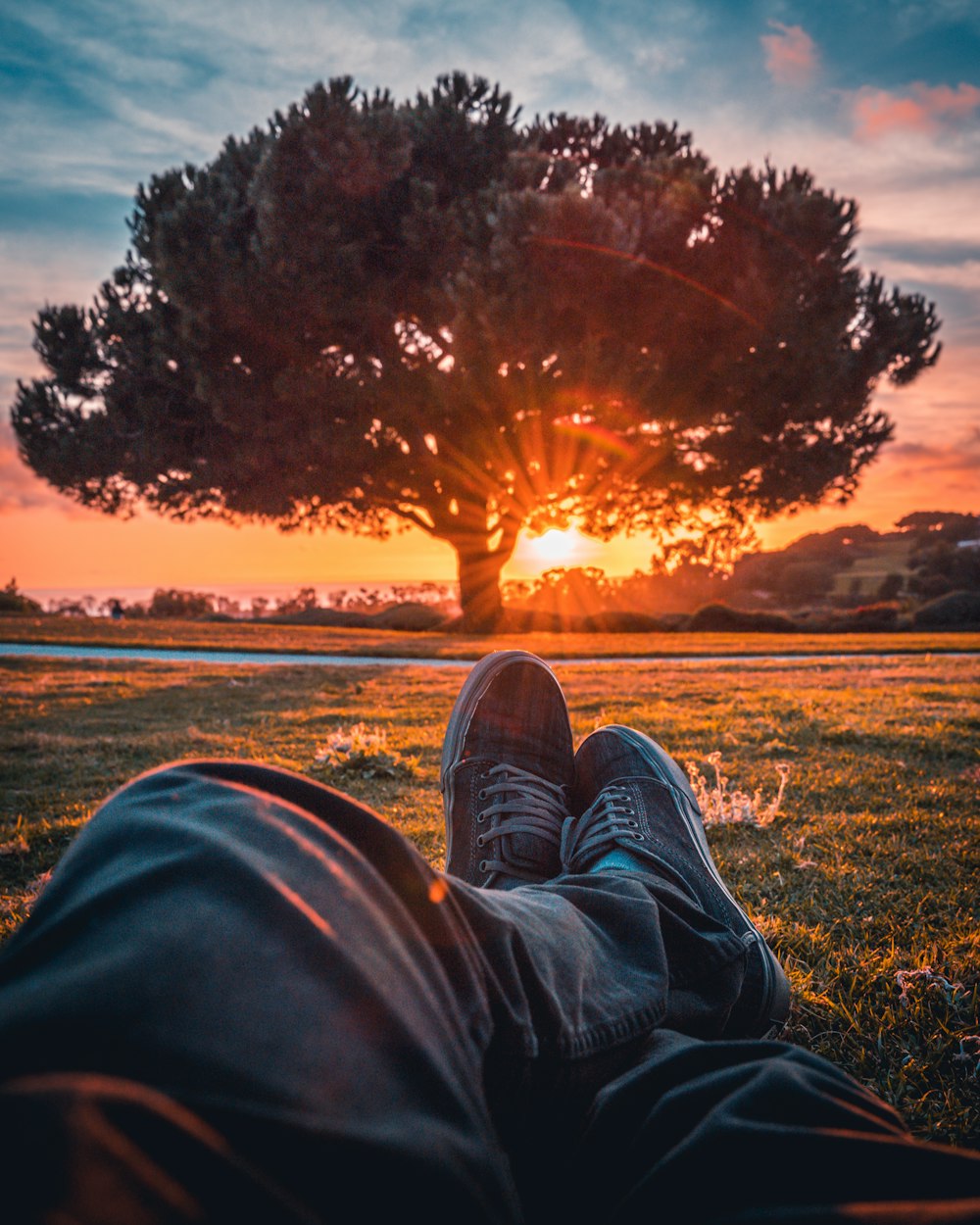 person in black pants and brown shoes sitting on grass field during sunset