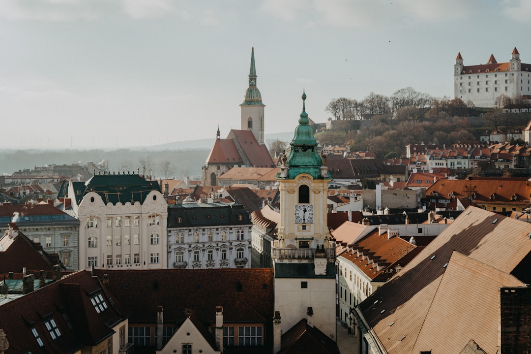 Bratislava - The cream-colored facades and red roofs of Bratislava's old town viewed from above.