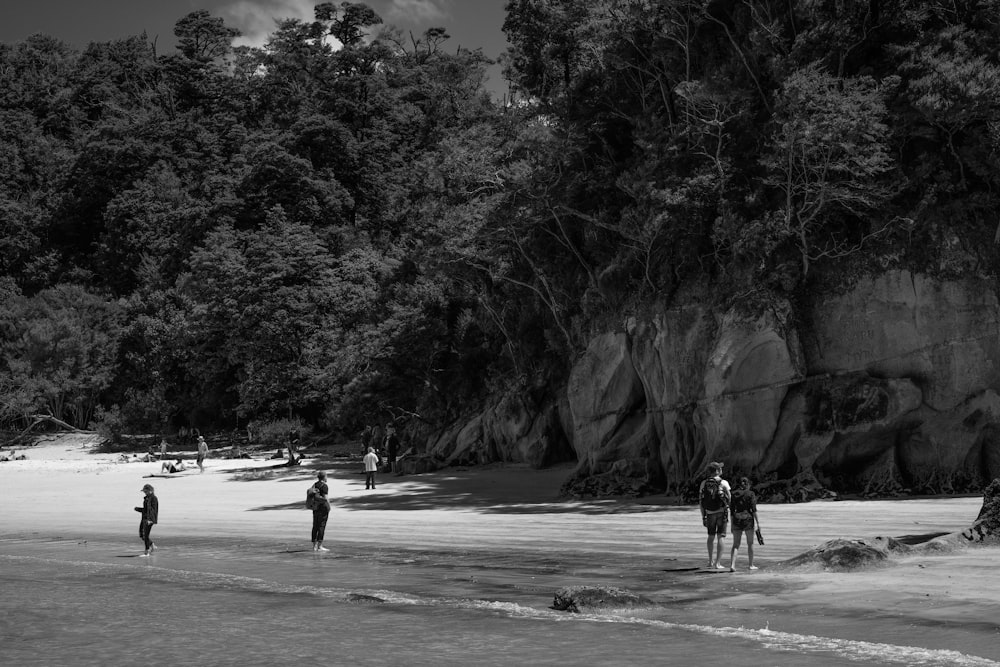 Foto en escala de grises de personas caminando por la playa