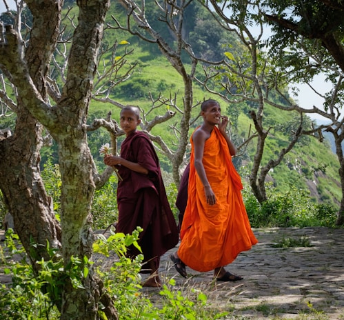 Two individuals wearing robes are walking along a stone path surrounded by trees with sparse leaves. The lush greenery of a hillside forms the backdrop, creating a serene and natural setting.