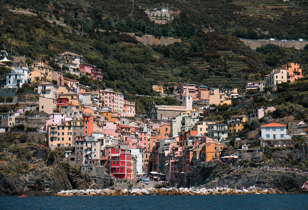 houses on mountain near body of water during daytime