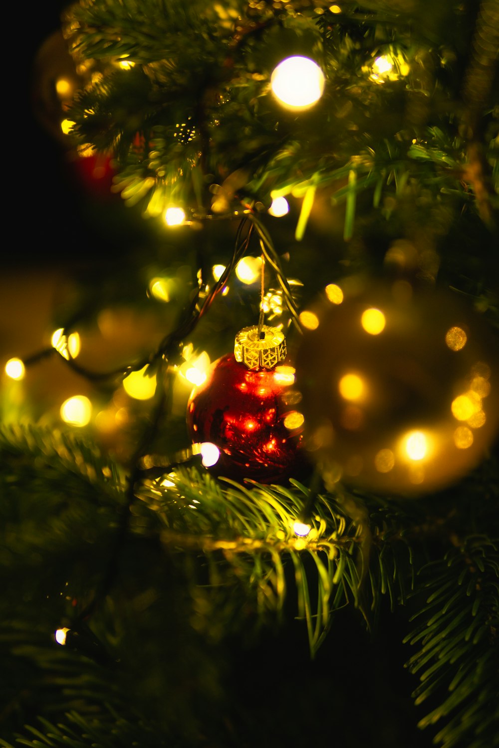 red and gold baubles on green christmas tree