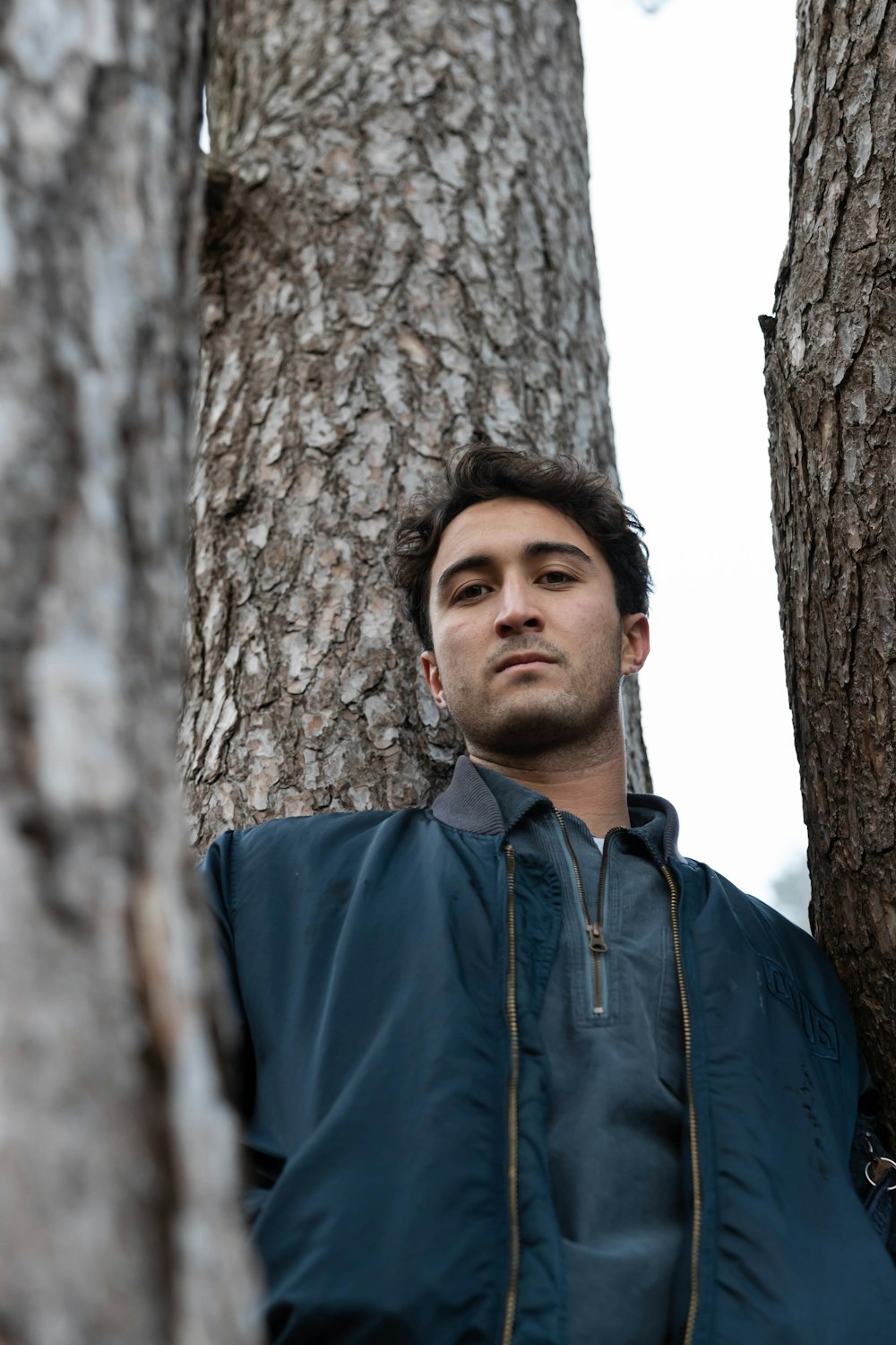 man in blue zip up jacket standing beside brown tree