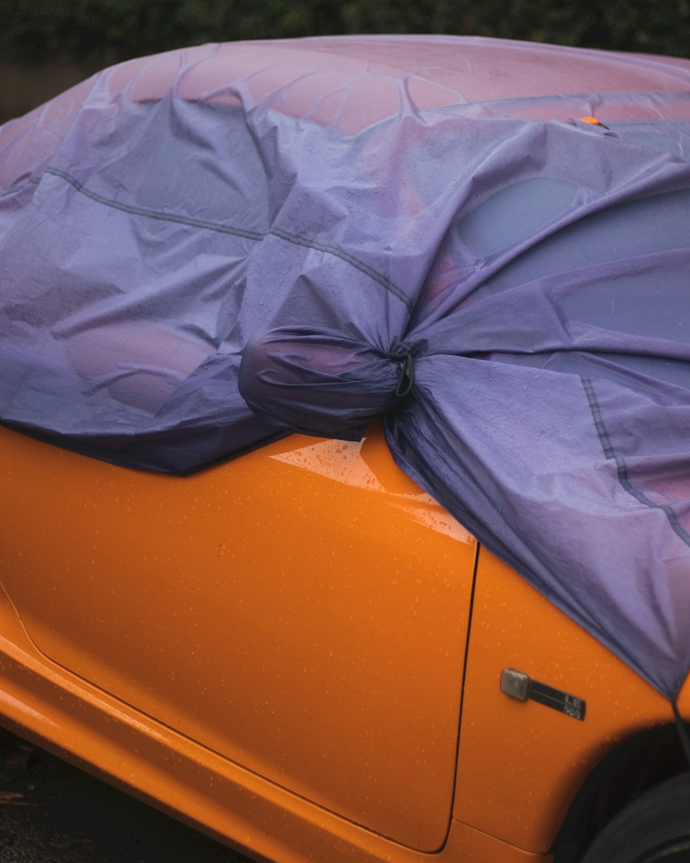 blue umbrella on orange car