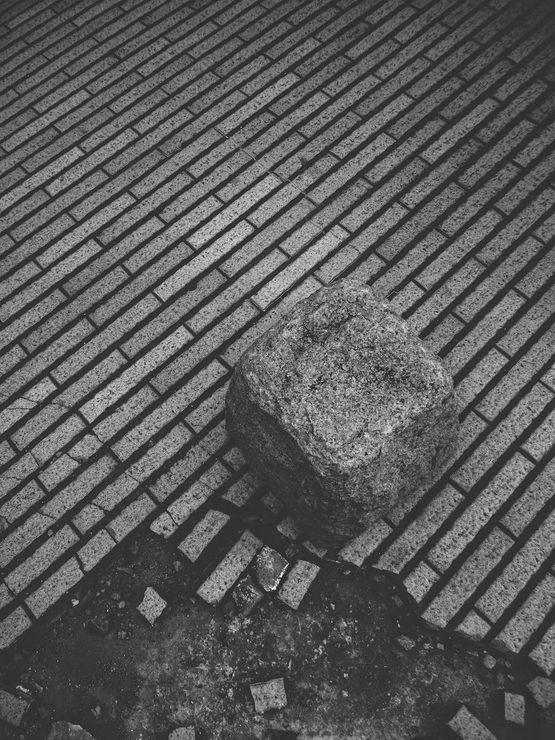 grayscale photo of rock on brick pavement