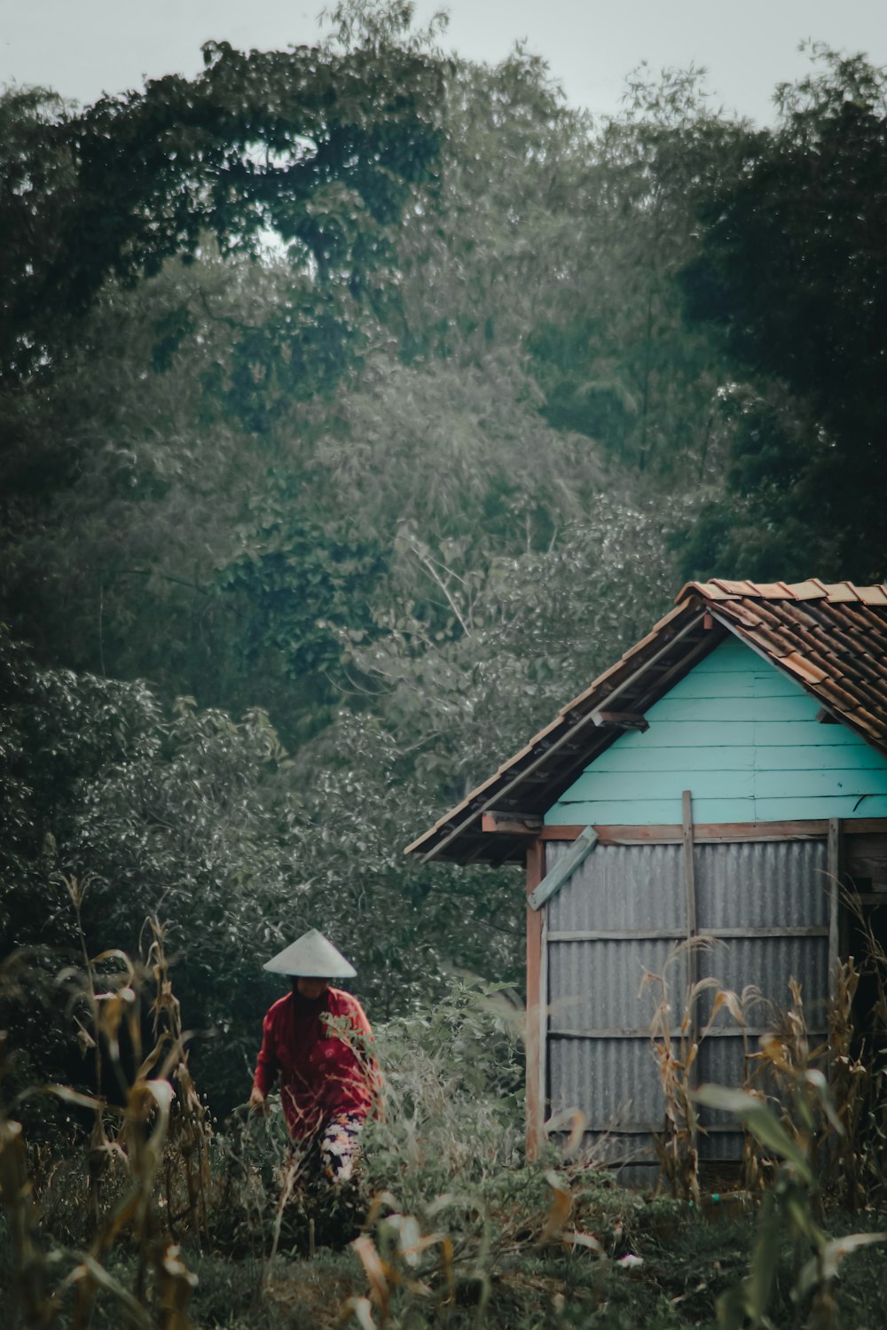 person in red jacket standing in front of brown wooden house