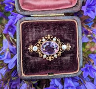 Close-up of antique brooches from 1940s to 1990s arranged in a velvet-lined box.