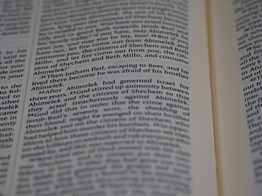 Text from a book page featuring paragraphs of narrative or dialogue related to characters such as Jotham and Abimelek. The focus is on storytelling elements and biblical references.
