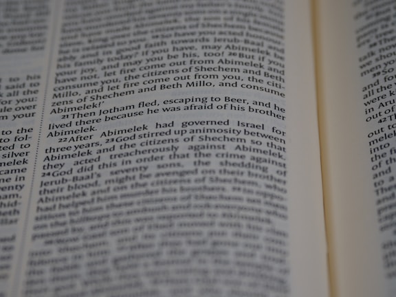 Text from a book page featuring paragraphs of narrative or dialogue related to characters such as Jotham and Abimelek. The focus is on storytelling elements and biblical references.