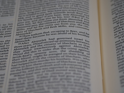 Text from a book page featuring paragraphs of narrative or dialogue related to characters such as Jotham and Abimelek. The focus is on storytelling elements and biblical references.