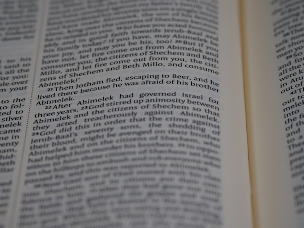 Text from a book page featuring paragraphs of narrative or dialogue related to characters such as Jotham and Abimelek. The focus is on storytelling elements and biblical references.