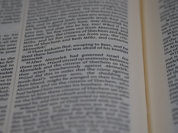 Text from a book page featuring paragraphs of narrative or dialogue related to characters such as Jotham and Abimelek. The focus is on storytelling elements and biblical references.