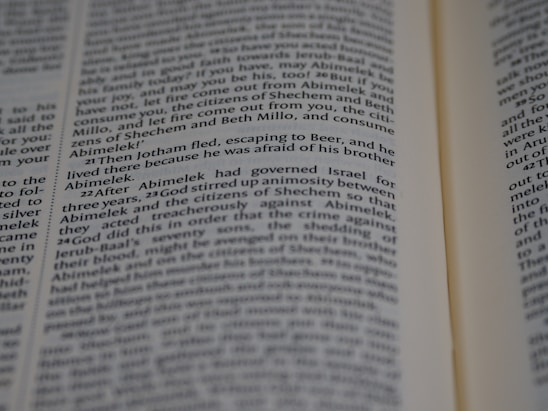 Text from a book page featuring paragraphs of narrative or dialogue related to characters such as Jotham and Abimelek. The focus is on storytelling elements and biblical references.