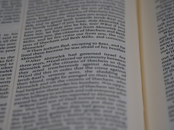 Text from a book page featuring paragraphs of narrative or dialogue related to characters such as Jotham and Abimelek. The focus is on storytelling elements and biblical references.
