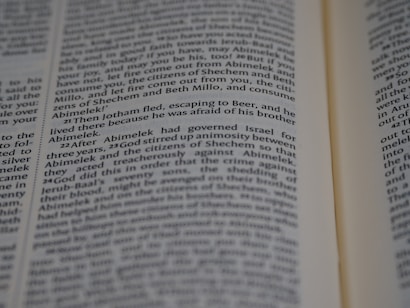 Text from a book page featuring paragraphs of narrative or dialogue related to characters such as Jotham and Abimelek. The focus is on storytelling elements and biblical references.