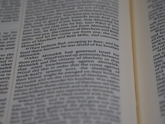 Text from a book page featuring paragraphs of narrative or dialogue related to characters such as Jotham and Abimelek. The focus is on storytelling elements and biblical references.