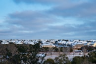 A suburban neighborhood features a series of uniform houses with snow-covered roofs, set against a backdrop of a cloudy sky. The foreground shows a few trees and a partially snow-dusted field.