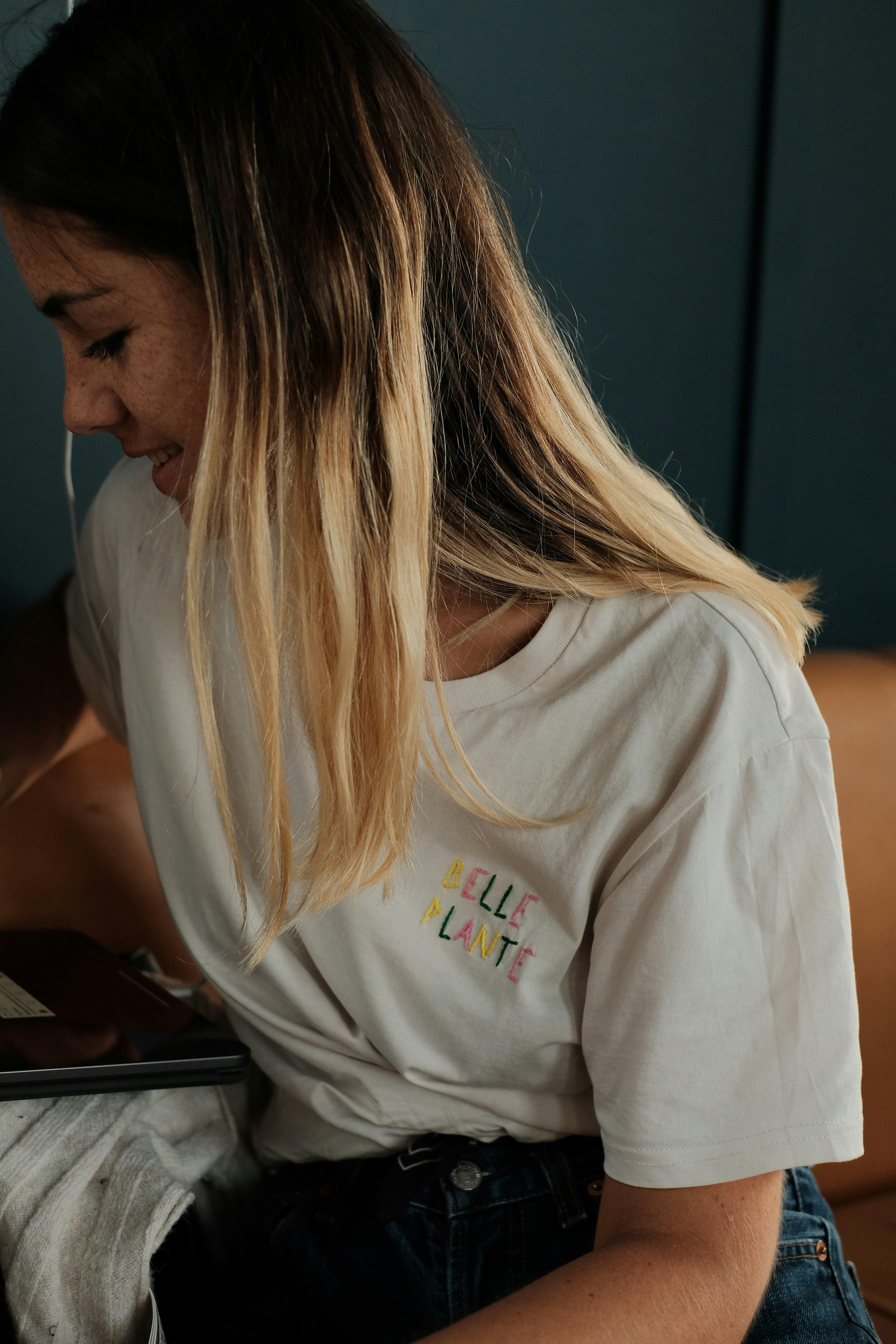 woman in white crew neck t-shirt