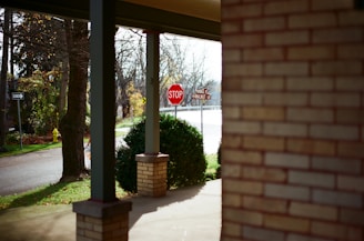 An instructor pointing out road signs to a learner on a suburban street.
